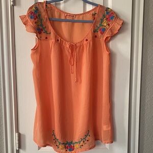 Johnny Was Orange Embroidered Scoop-Neck Blouse
